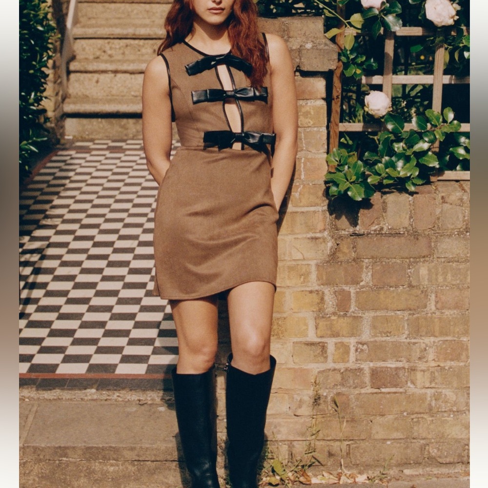 Anthropologie Flat White Faux-Suede Sleeveless Leather Bow-Trim Mini Dress - Picture 5 of 15